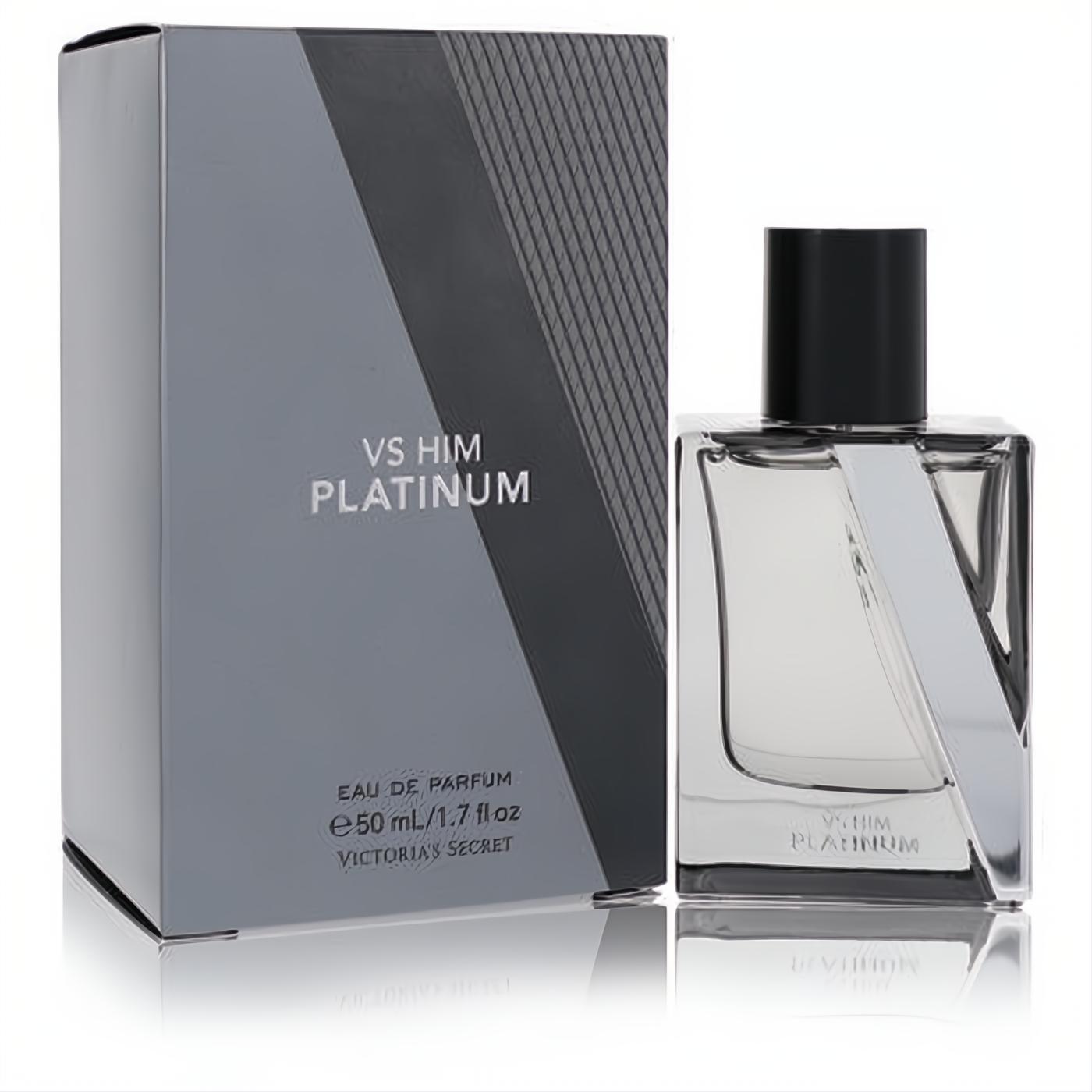 Elevate his style with Victoria's Secret VS Him Platinum 1.7 oz EDP. Sleek clear glass bottle, black cap, and modern silver-grey box.