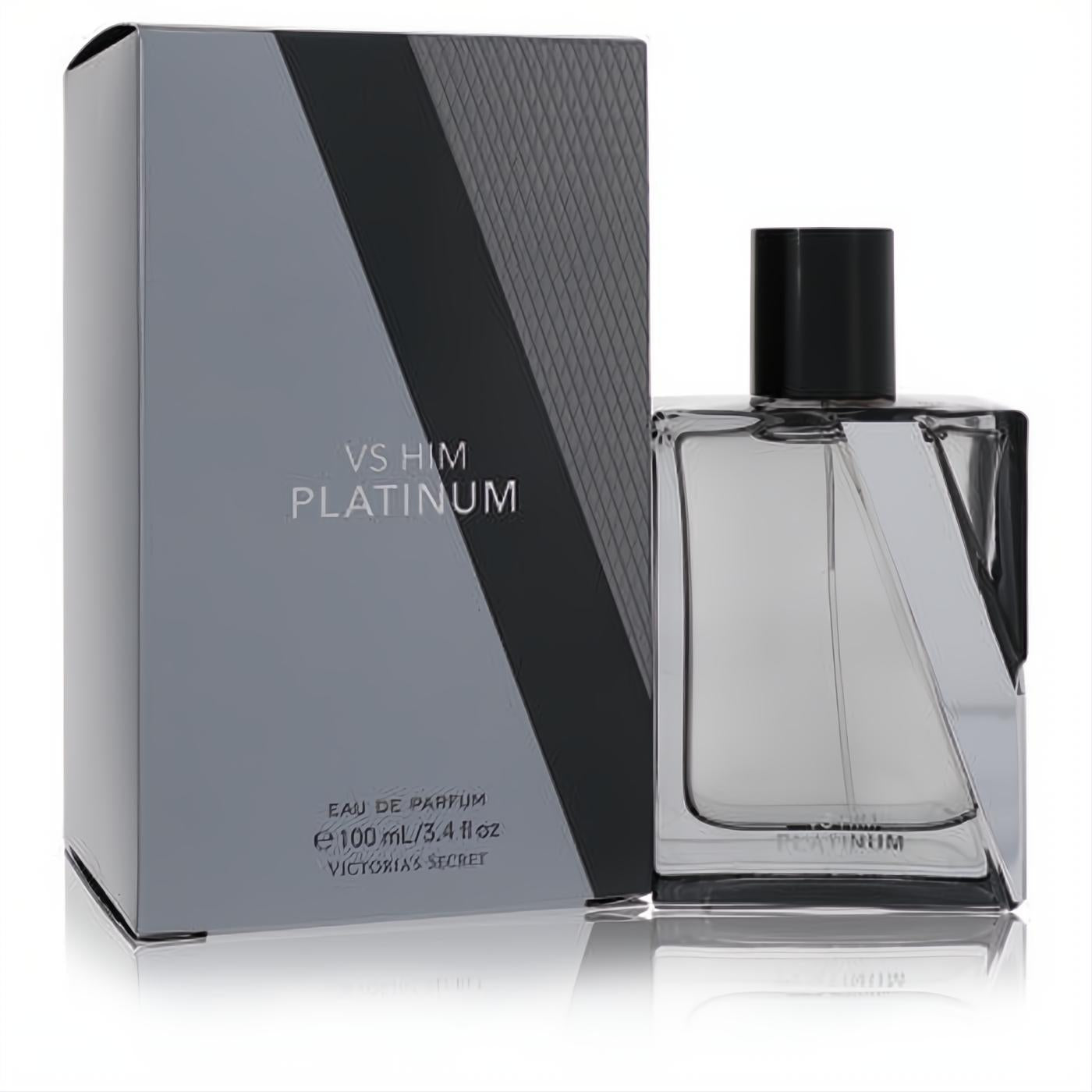 Vs Him Platinum Eau De Parfum 3.4 oz for men. Sleek clear glass bottle, black cap, and modern gray Victoria's Secret box.