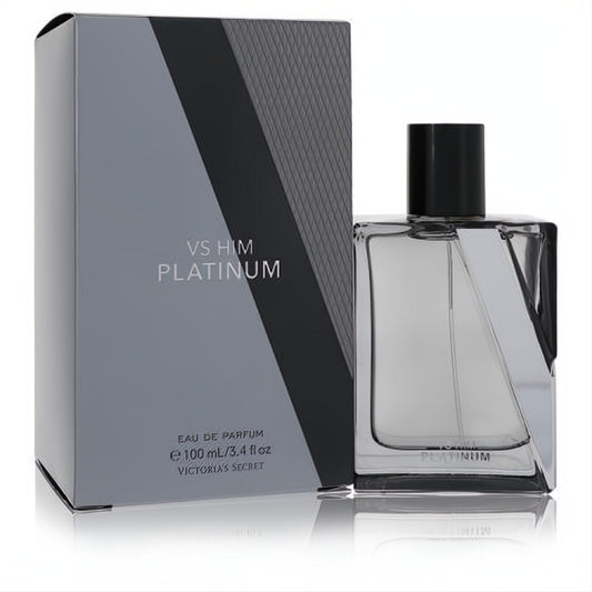 Vs Him Platinum Eau De Parfum 3.4 oz for men. Sleek clear glass bottle, black cap, and modern gray Victoria's Secret box.
