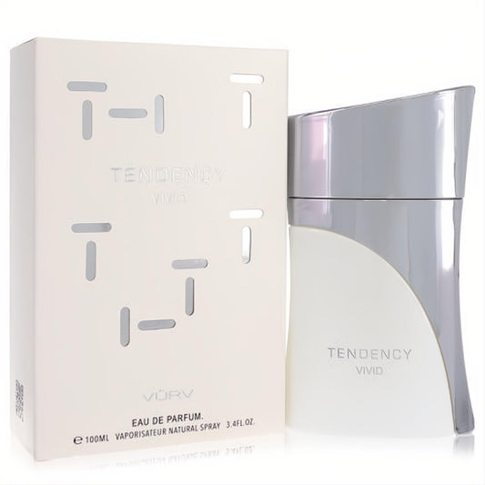 Vurv Tendency Vivid unisex 3.4 oz eau de parfum. Modern white bottle with a distinctive slanted silver cap and elegant branded box.