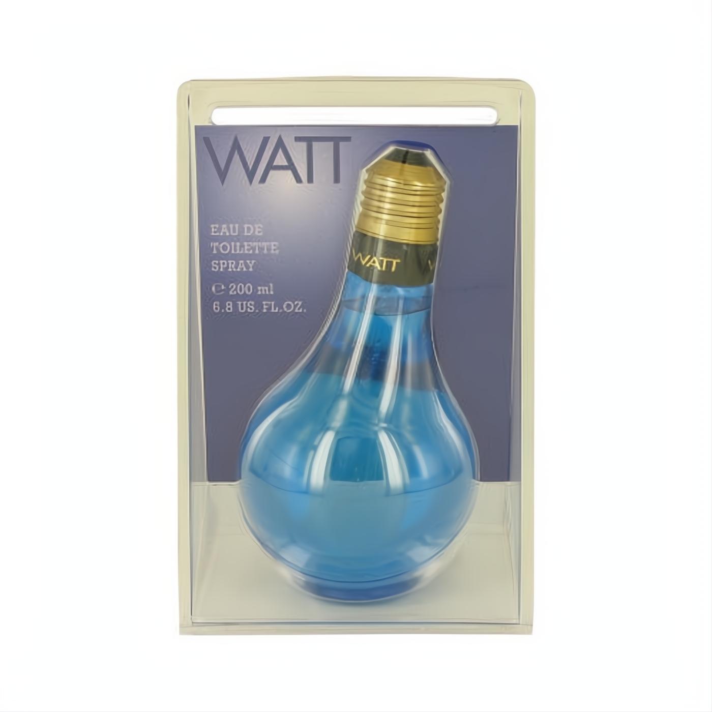 WATT Blue 6.8 oz men's fragrance: a unique blue lightbulb glass bottle with a bold gold cap.