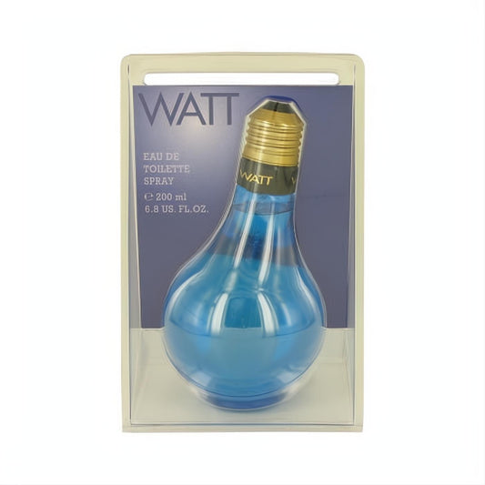 WATT Blue 6.8 oz men's fragrance: a unique blue lightbulb glass bottle with a bold gold cap.