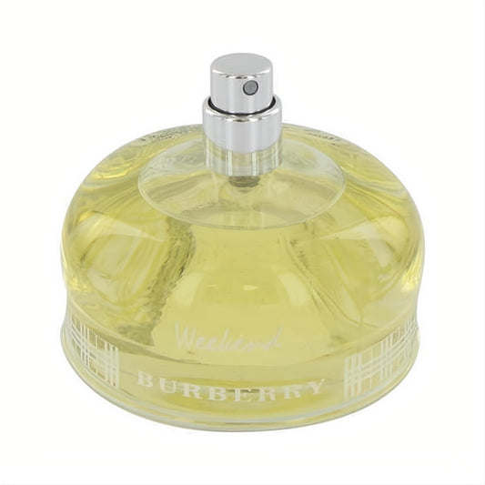 Burberry Weekend 3.4 oz Eau De Parfum tester. Round glass bottle with light yellow fragrance, silver spray, and iconic Burberry plaid detail.