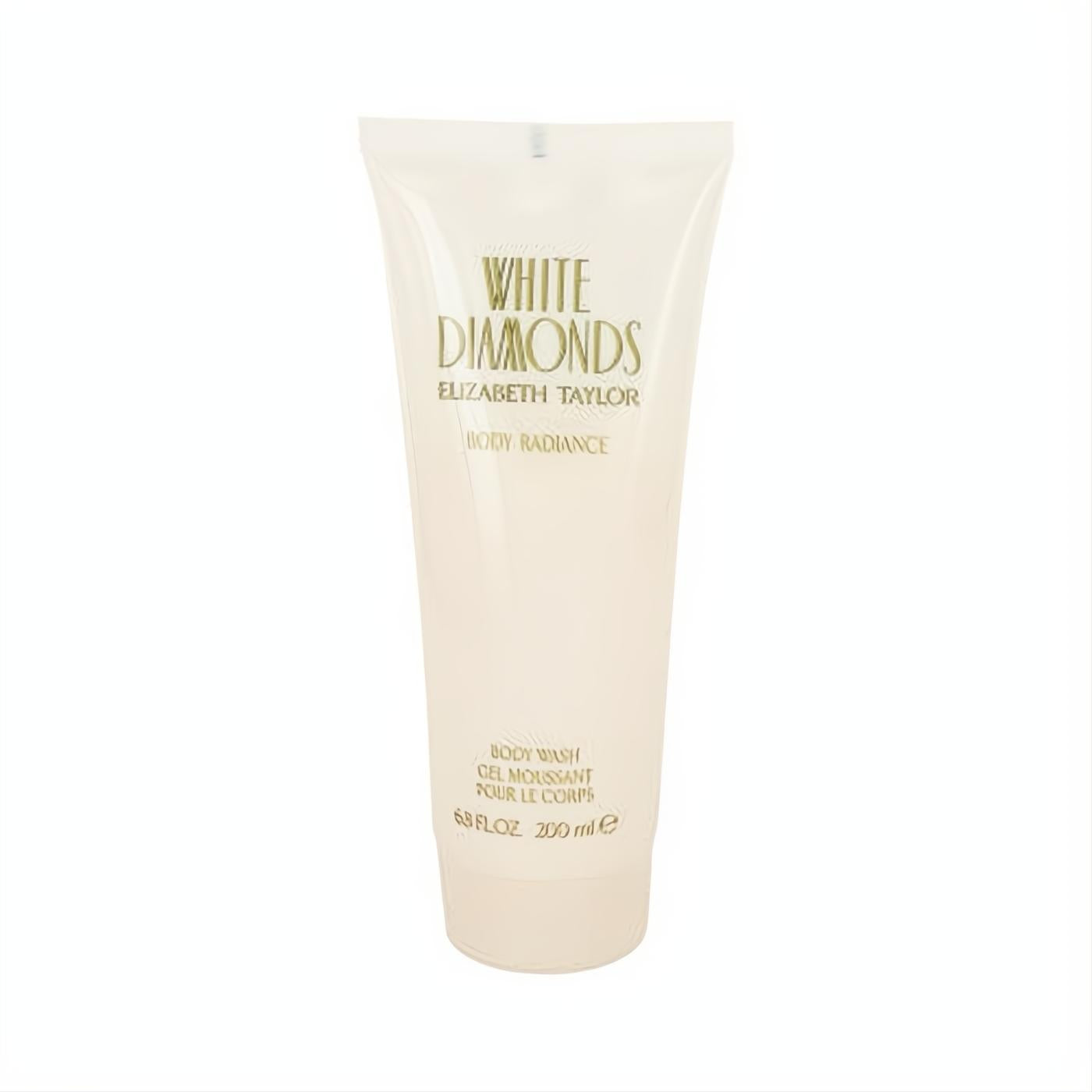 Luxurious White Diamonds Elizabeth Taylor 6.8 oz body wash. Pearl white tube with elegant gold branding.