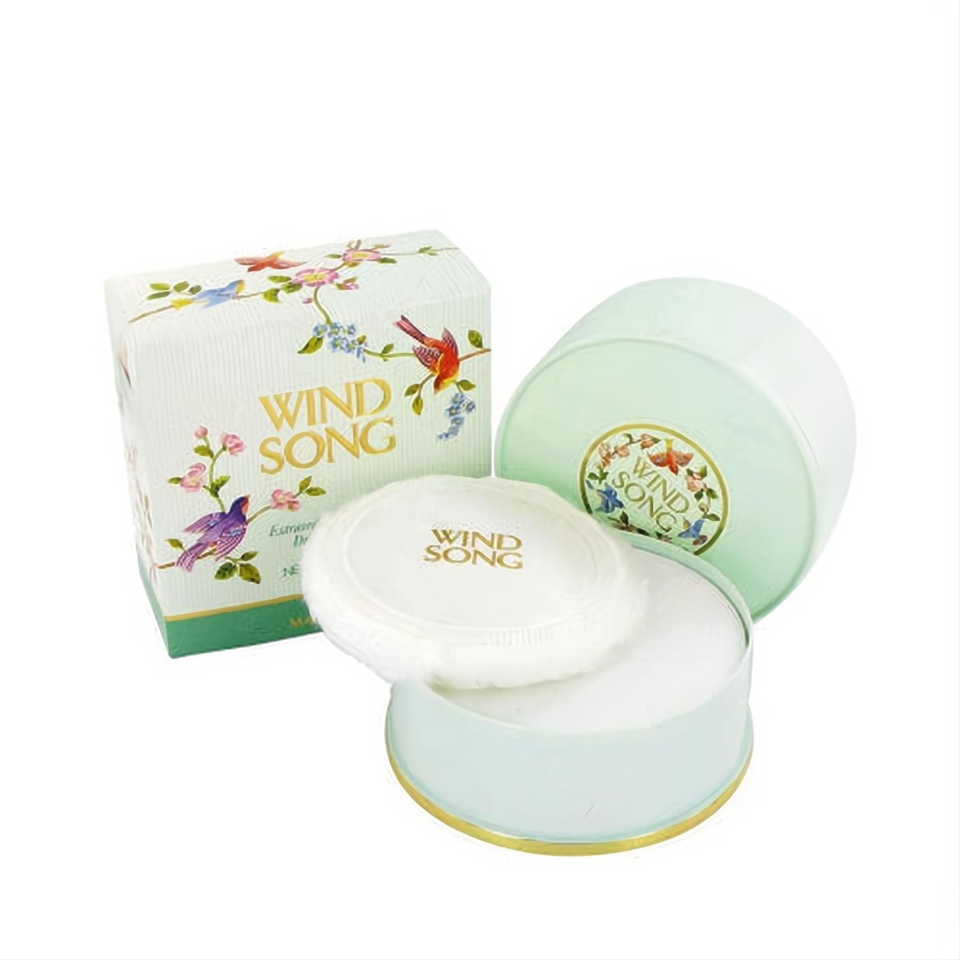 Elegant Wind Song 4 oz dusting powder set: mint green container with gold trim, soft puff, and a charming floral bird box.
