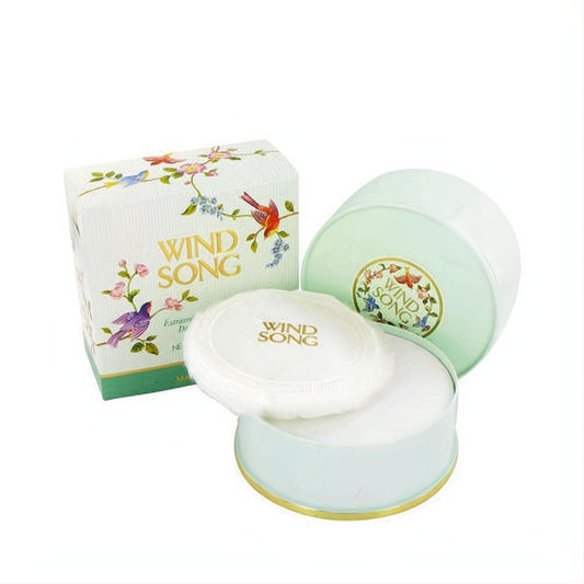 Elegant Wind Song 4 oz dusting powder set: mint green container with gold trim, soft puff, and a charming floral bird box.