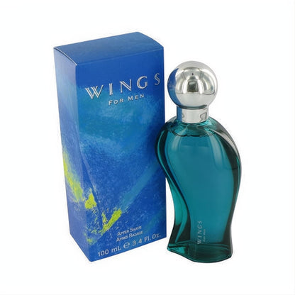 WINGS For Men After Shave 3.4 oz. Refreshing blue glass bottle with a sleek silver cap and matching wave-design box.