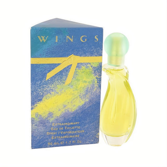 Captivating WINGS Giorgio Beverly Hills 1.7 oz EDT. Elegant twisted glass bottle, yellow liquid, green cap, beside its vibrant blue box.