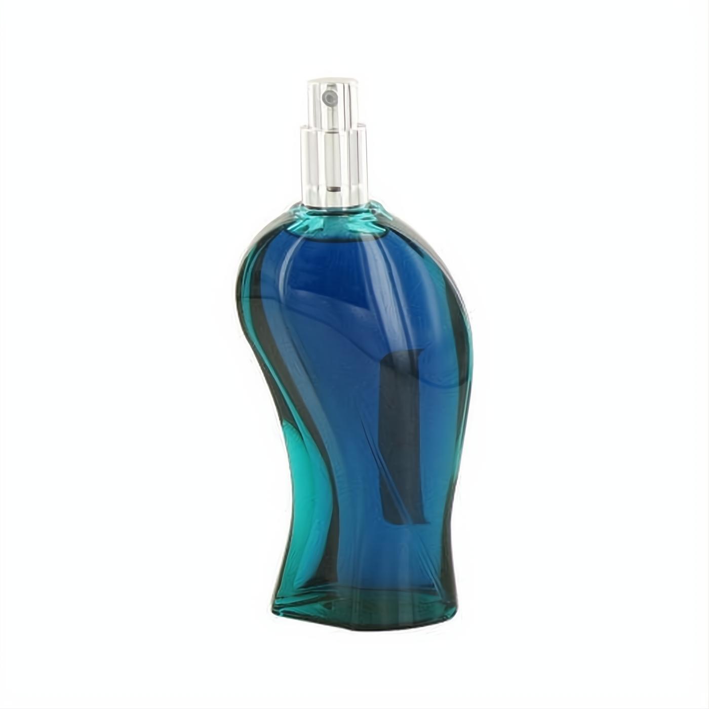 Distinctive blue-teal wavy glass bottle of Giorgio Beverly Hills Wings EDT spray, featuring a sleek silver sprayer.
