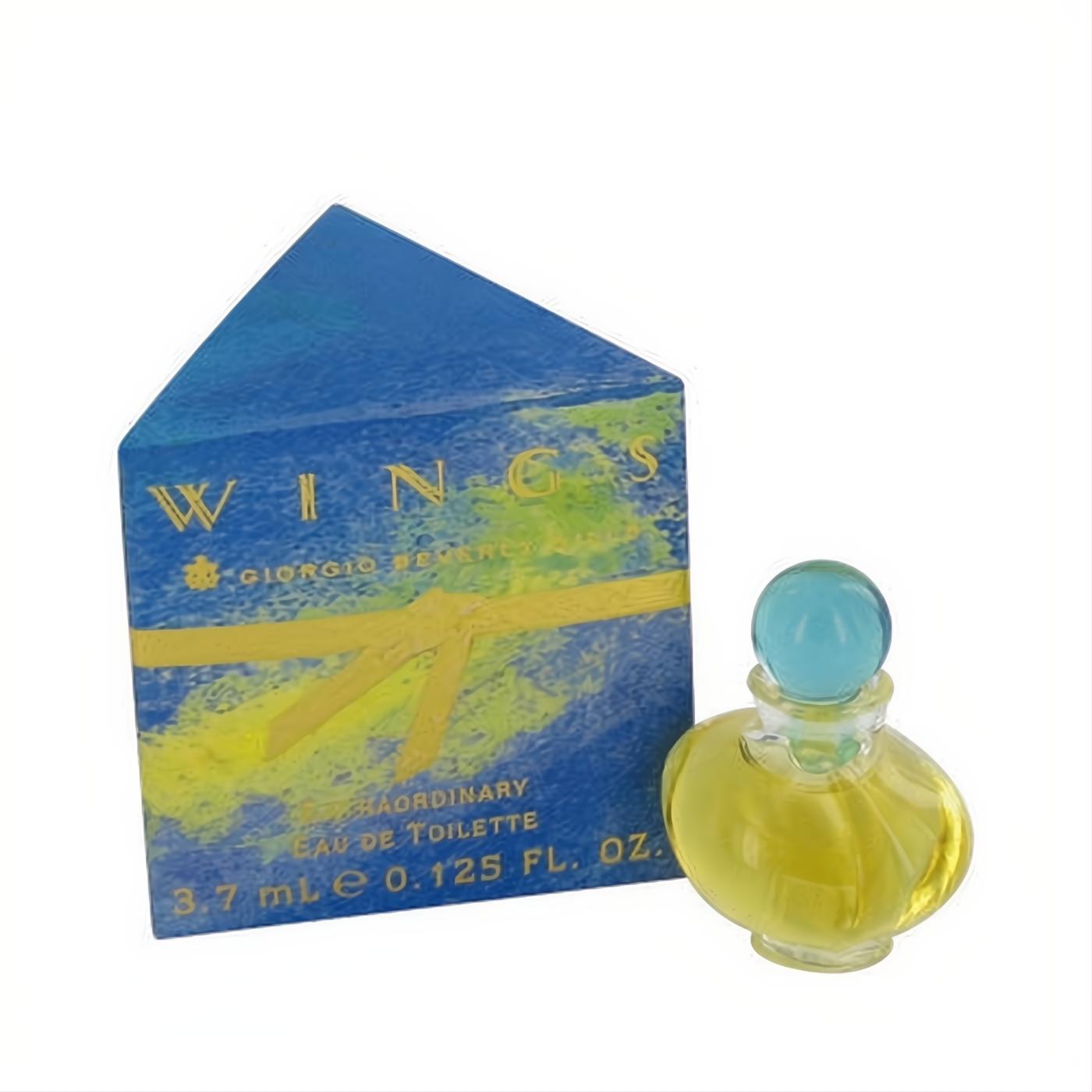 WINGS Giorgio Beverly Hills mini EDT perfume, 0.125 fl oz. Elegant glass bottle with yellow fragrance, blue cap, and iconic blue box.