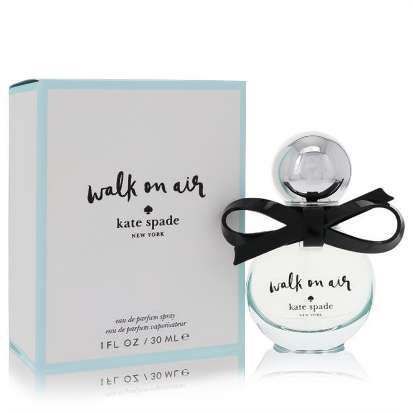 Experience Walk on Air by Kate Spade 1 oz Eau De Parfum. Clear bottle, silver cap, chic black bow, light blue box.