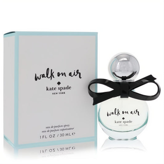 Experience Walk on Air by Kate Spade 1 oz Eau De Parfum. Clear bottle, silver cap, chic black bow, light blue box.