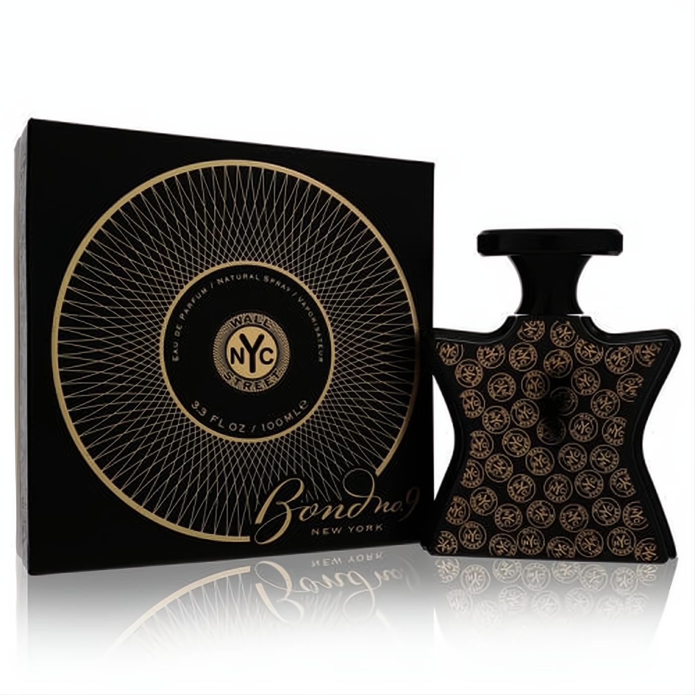 Luxurious Bond No. 9 Wall Street 3.3 oz EDP. Distinctive black bottle with gold NYC logos, next to its elegant black and gold box.