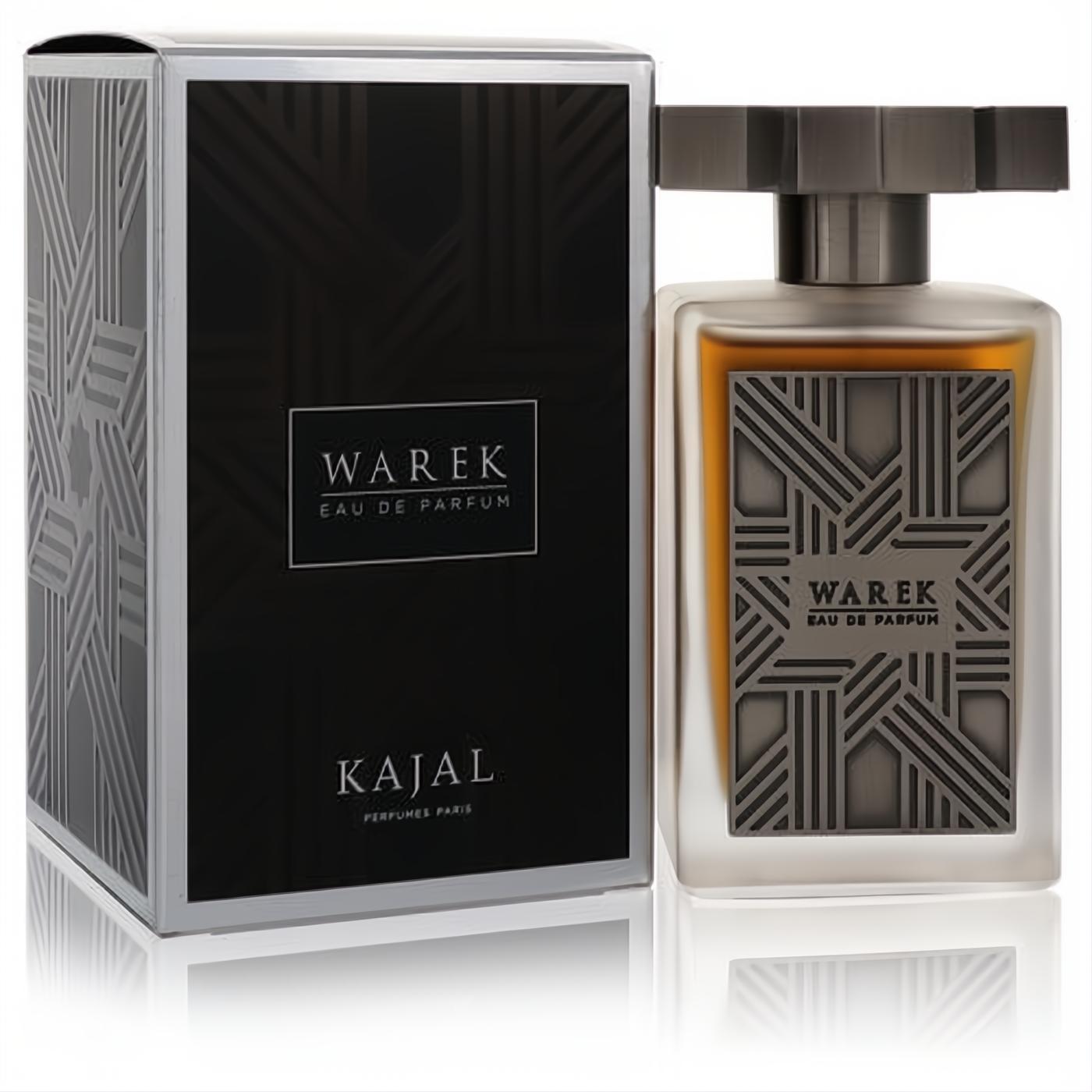 Warek by Kajal 3.4 oz unisex EDP. Frosted bottle, amber liquid, geometric design, gunmetal cap, displayed with its black and silver box.