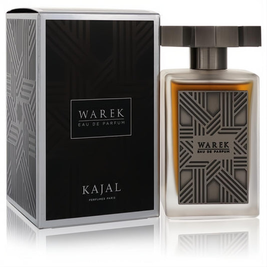 Warek by Kajal 3.4 oz unisex EDP. Frosted bottle, amber liquid, geometric design, gunmetal cap, displayed with its black and silver box.