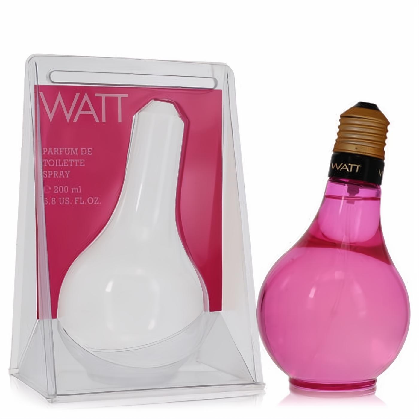 Unique Watt Pink 6.8 oz Parfum De Toilette spray, vibrant pink liquid in a stylish lightbulb glass bottle with clear packaging.