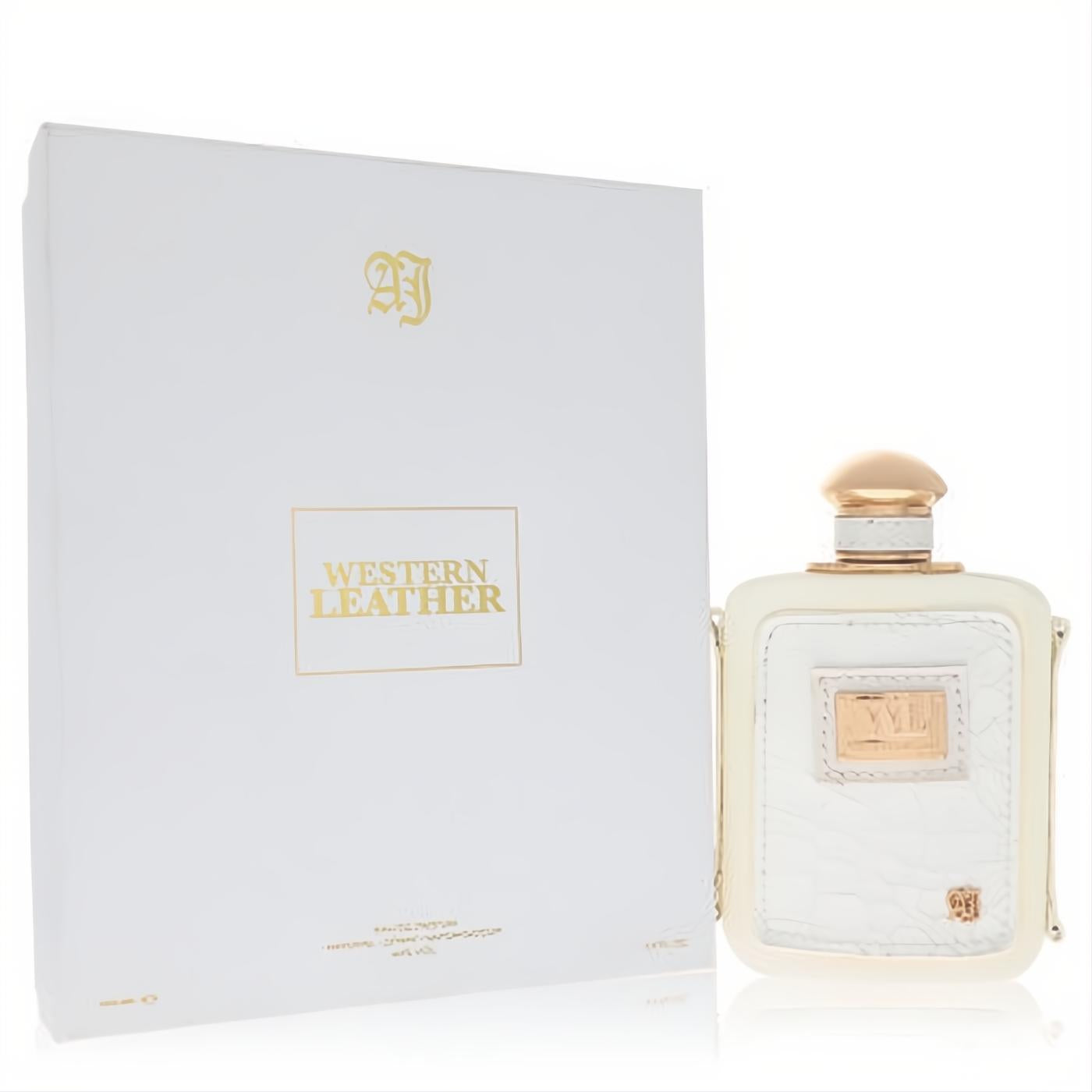 Elegant Western Leather White 3.4 oz perfume spray. Chic white bottle with textured panel, radiant gold accents, and matching box.