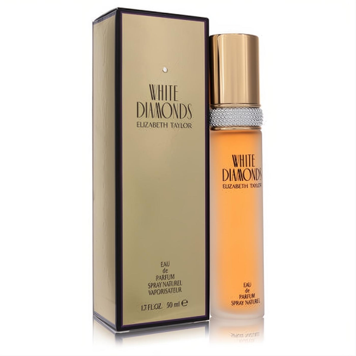 Iconic White Diamonds Elizabeth Taylor 1.7 oz Eau de Parfum spray. Elegant frosted amber bottle with sparkling diamond band and gold cap.
