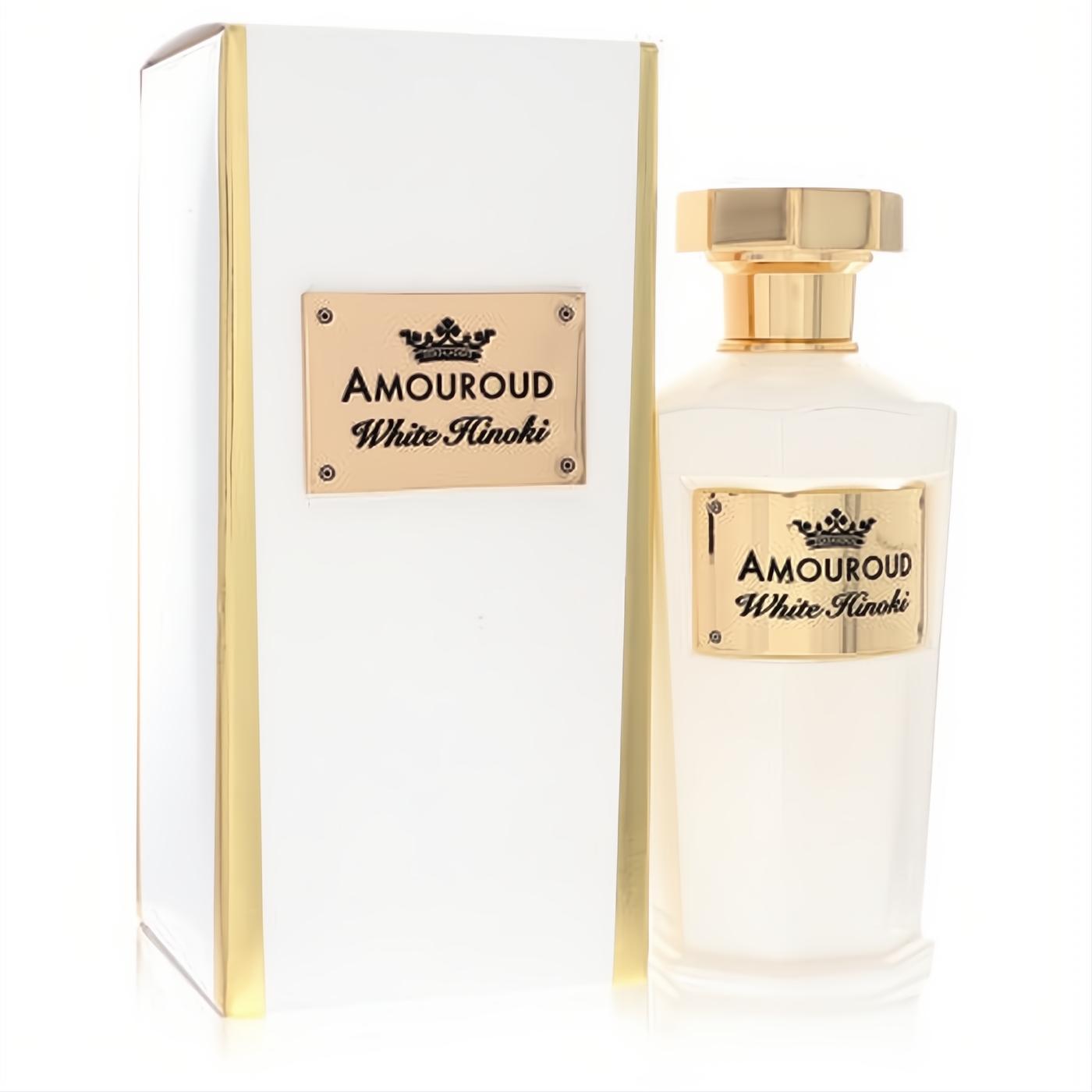 Luxurious Amouroud White Hinoki unisex Eau De Parfum. Elegant white bottle with gold cap, presented with matching white and gold box.