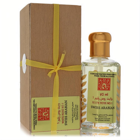 Luxurious Swiss Arabian White Rose No 1 95ml concentrated perfume oil, clear bottle, gold cap, kraft gift box with yellow ribbon.