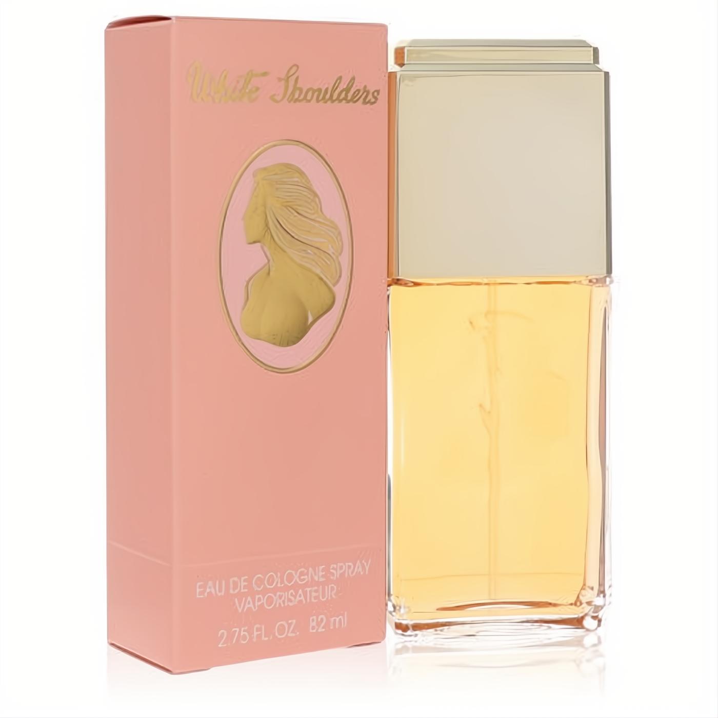 Experience White Shoulders 2.75 oz cologne spray. Features a clear glass bottle, gold cap, and elegant pink box with a woman's silhouette.