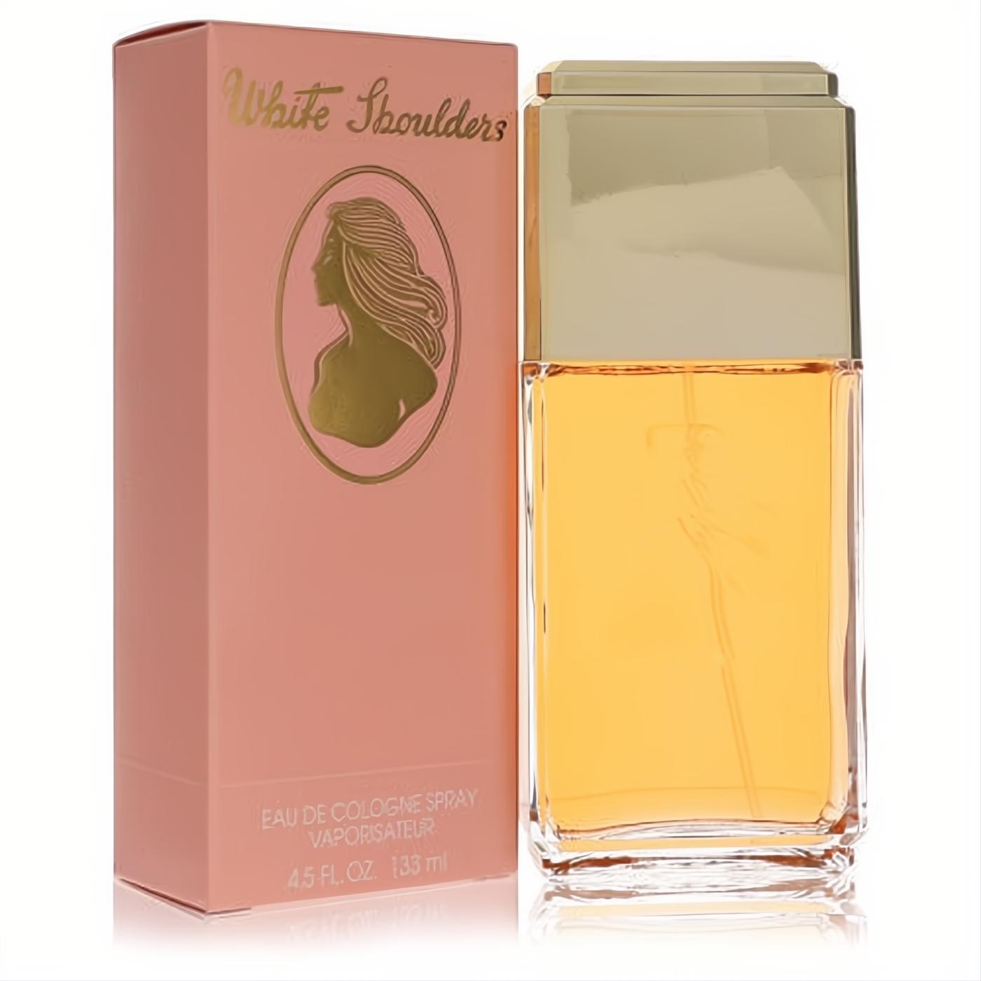 Evyan White Shoulders 4.5 oz cologne spray. Clear glass bottle with a gold cap and a peach box featuring a classic woman's silhouette.