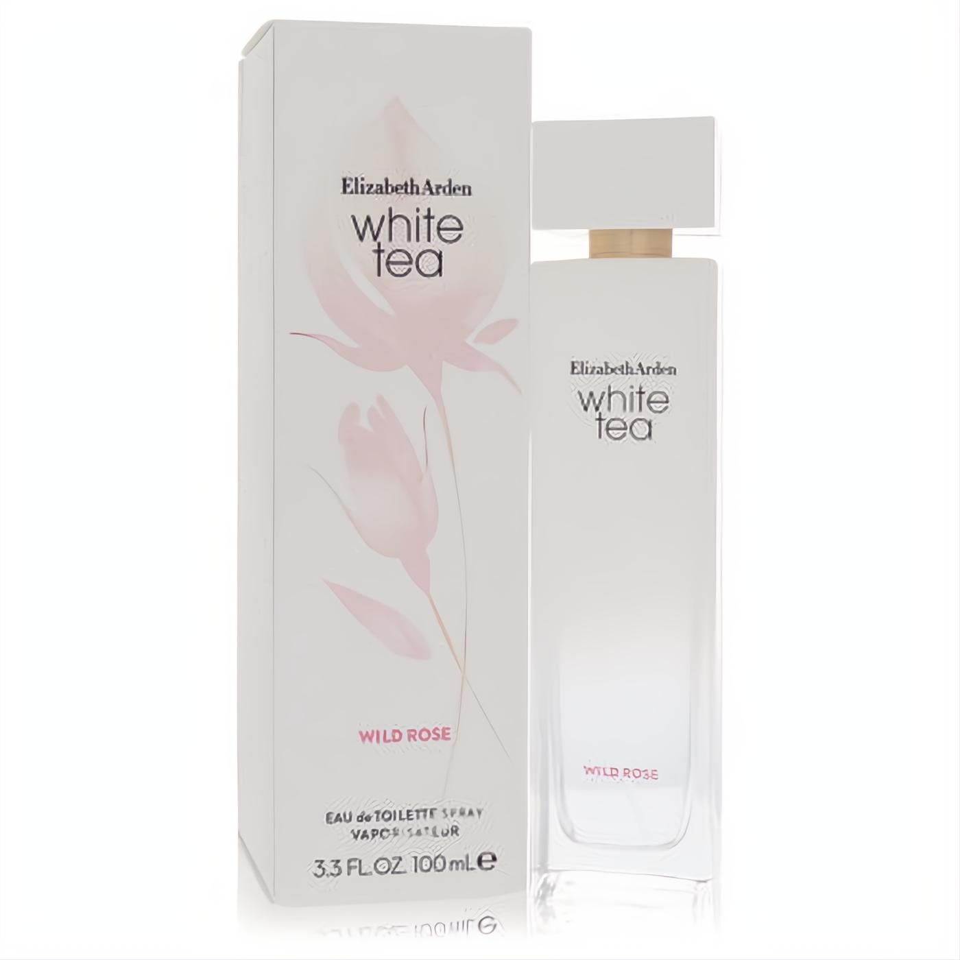 Elizabeth Arden White Tea Wild Rose 3.3 oz EDT. Elegant frosted white bottle and box with soft pink floral art.