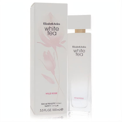 Elizabeth Arden White Tea Wild Rose 3.3 oz EDT. Elegant frosted white bottle and box with soft pink floral art.