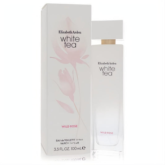 Elizabeth Arden White Tea Wild Rose 3.3 oz EDT. Elegant frosted white bottle and box with soft pink floral art.