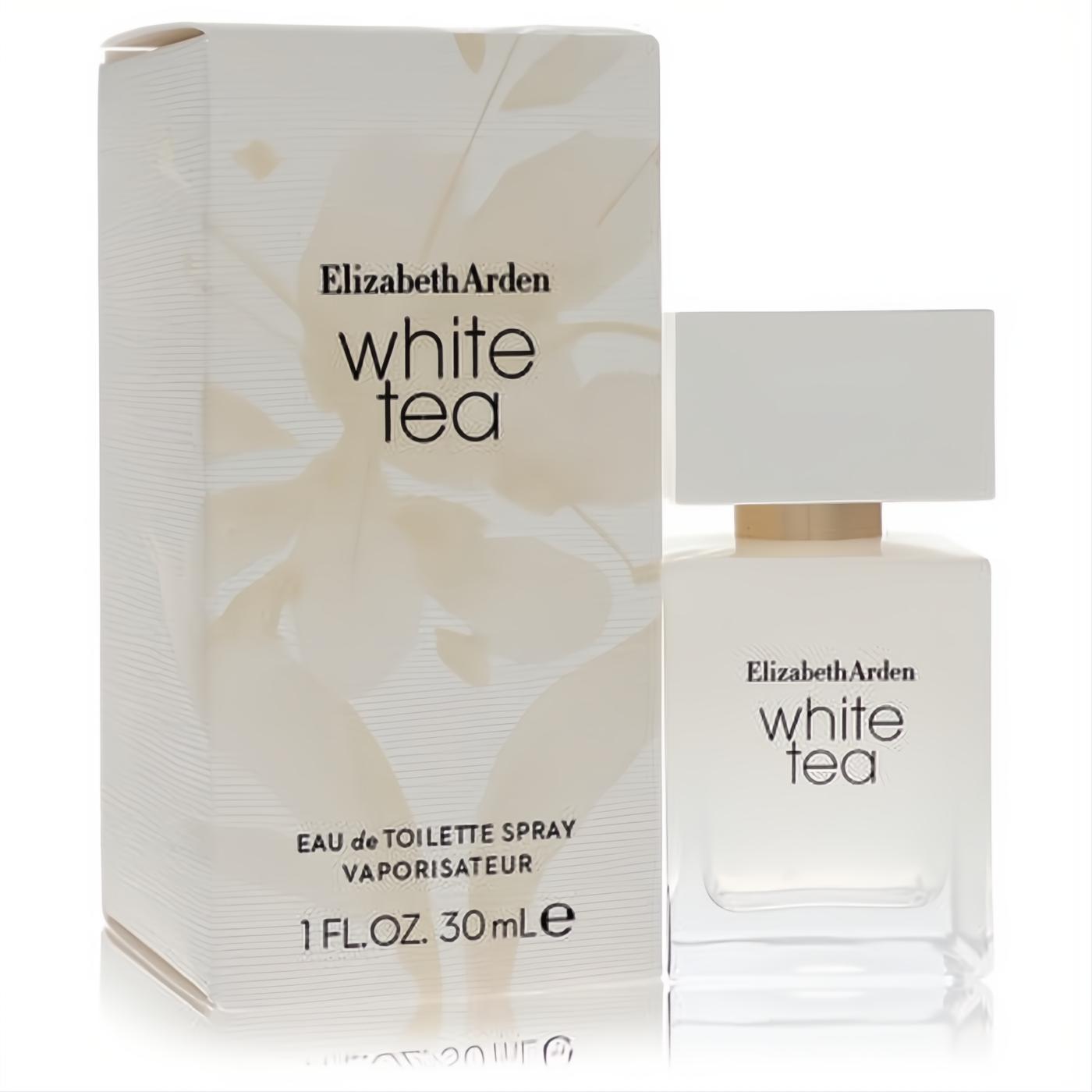 Elizabeth Arden White Tea 1 oz EDT. Chic frosted glass bottle, crisp white cap, and elegant leaf-patterned box.