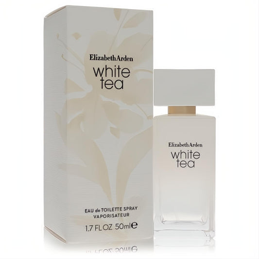 Elizabeth Arden White Tea 1.7 oz EDT spray. Frosted glass bottle with white cap and gold accent, next to its elegant leaf-patterned box.
