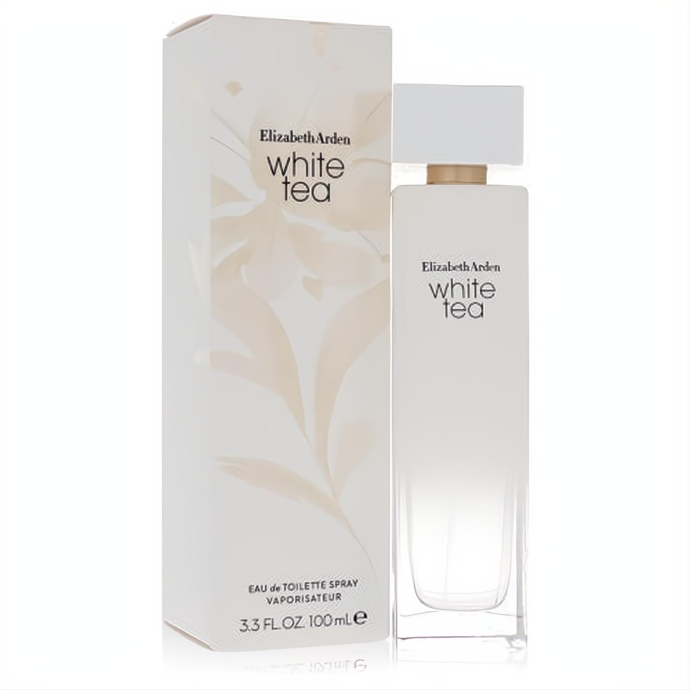 Elizabeth Arden White Tea 3.3 oz EDT. Sophisticated white frosted bottle with gold trim, alongside its elegant floral box.