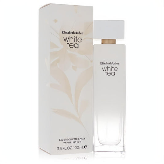Elizabeth Arden White Tea 3.3 oz EDT. Sophisticated white frosted bottle with gold trim, alongside its elegant floral box.