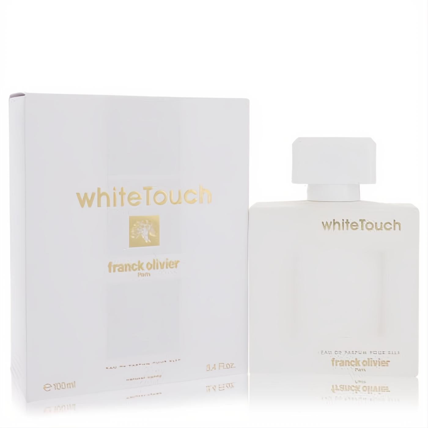 Elegant White Touch Franck Olivier 3.3 oz women's EDP. Sleek matte white bottle and matching box with striking gold lettering.
