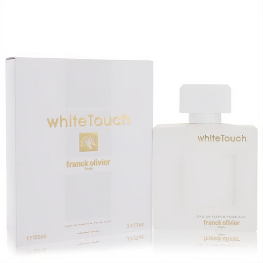 Elegant White Touch Franck Olivier 3.3 oz women's EDP. Sleek matte white bottle and matching box with striking gold lettering.