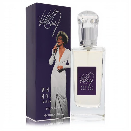 Exquisite Whitney Houston Eau De Parfum 3.4 oz spray. Clear glass bottle, silver cap, and iconic purple box with Whitney's signature.