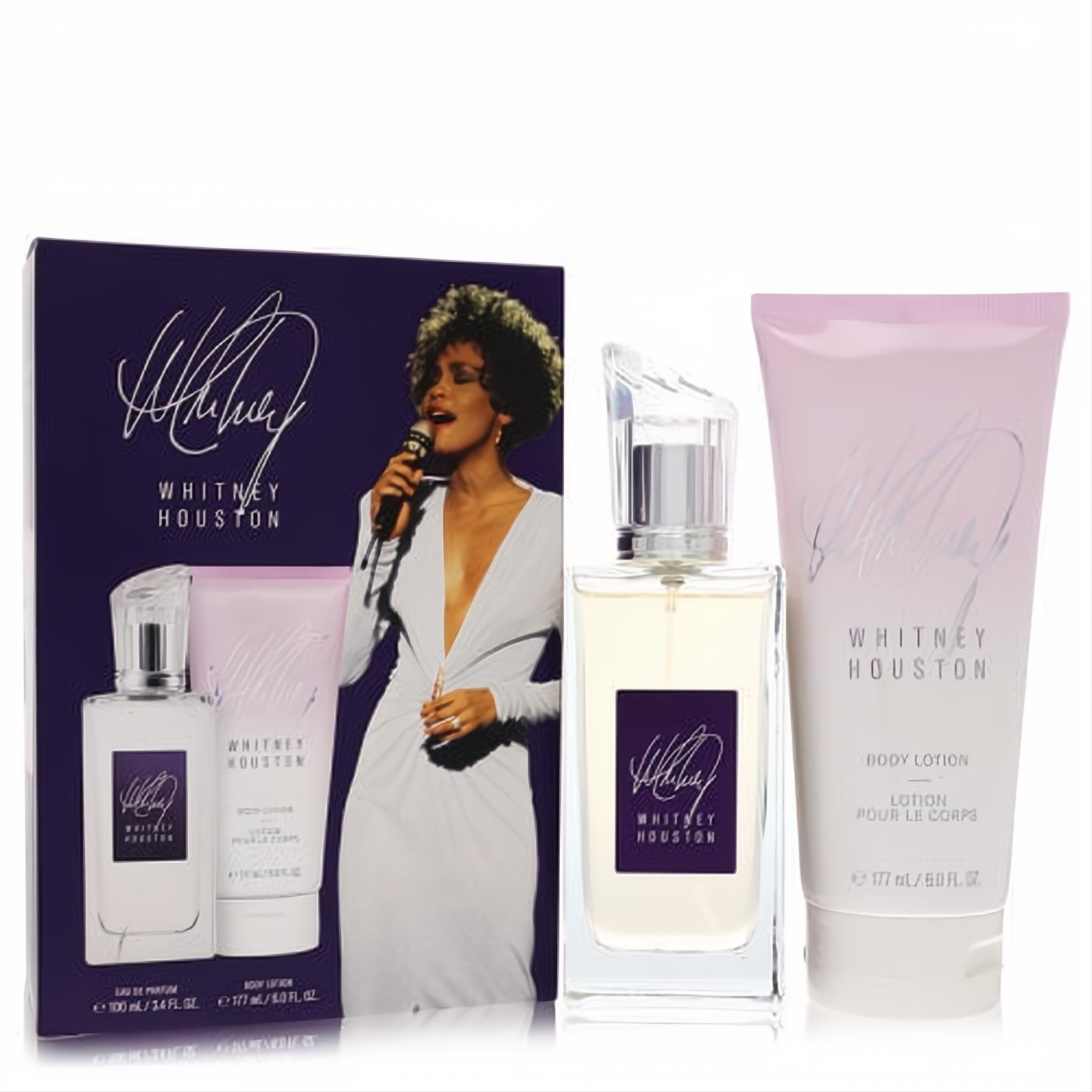 Whitney Houston women's fragrance gift set. Elegant purple box with singer's portrait, 3.4 oz EDP, 6 oz light pink body lotion.