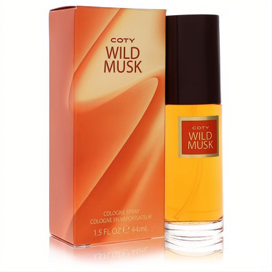Coty Wild Musk 1.5 oz cologne spray: golden liquid in a sleek glass bottle with dark cap, beside its vibrant orange box.