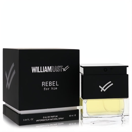 Bold William Rast Rebel for him 3.04 oz Eau De Parfum spray. Sleek clear bottle with black cap and signature black box.