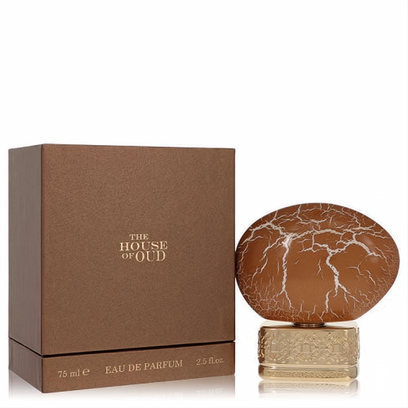 The House of Oud Wind Heat 2.5 oz unisex EDP. Unique brown cracked bottle, ornate gold base, and elegant brown box.