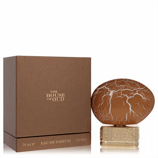 The House of Oud Wind Heat 2.5 oz unisex EDP. Unique brown cracked bottle, ornate gold base, and elegant brown box.