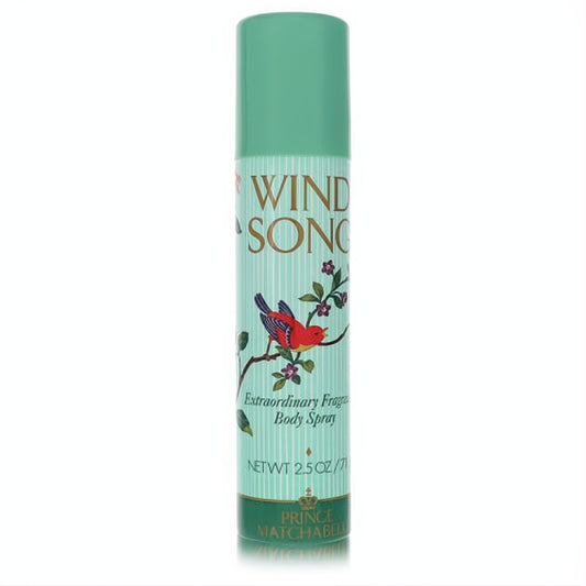Wind Song 2.5 oz women's deodorant spray. Mint green can with a vibrant red bird, floral branch, and classic striped design.