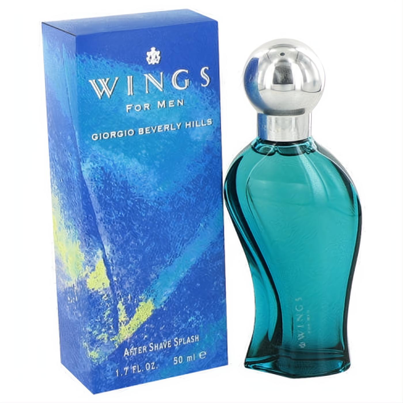 Wings by Giorgio Beverly Hills After Shave 1.7 oz. Dynamic blue box, sleek teal glass bottle with unique wing-like design and silver cap.