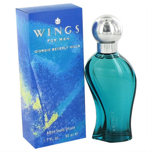 Wings by Giorgio Beverly Hills After Shave 1.7 oz. Dynamic blue box, sleek teal glass bottle with unique wing-like design and silver cap.