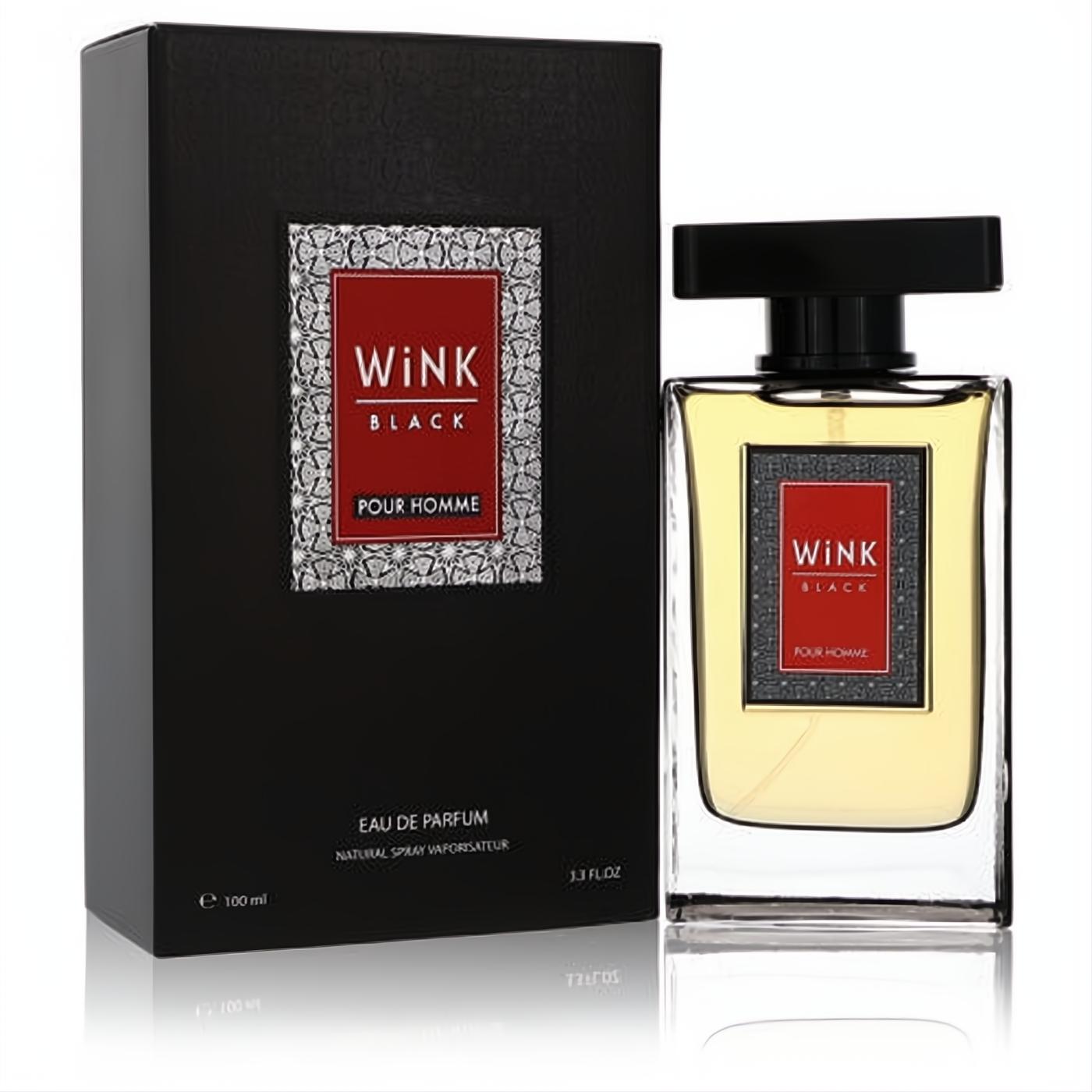 Kian Wink Black 3.3 oz men's Eau De Parfum. Elegant clear glass bottle with amber liquid, bold black cap, and sophisticated black box with red label.