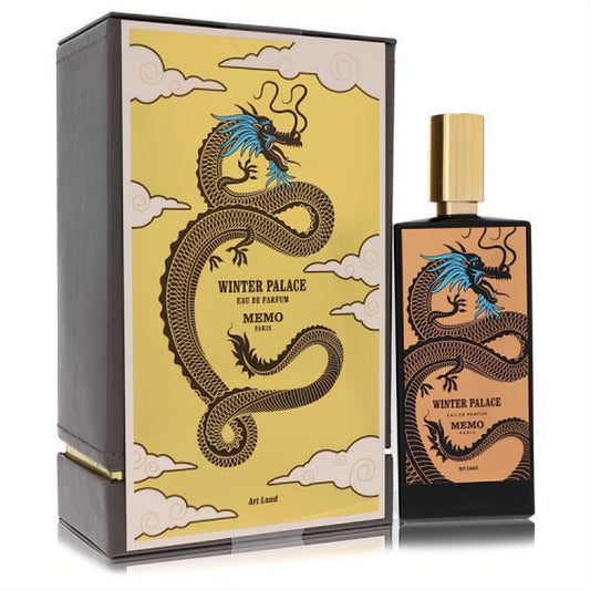 Memo Winter Palace 2.5 oz unisex EDP. Sleek black bottle, gold cap, and exotic Oriental dragon design with blue accents.