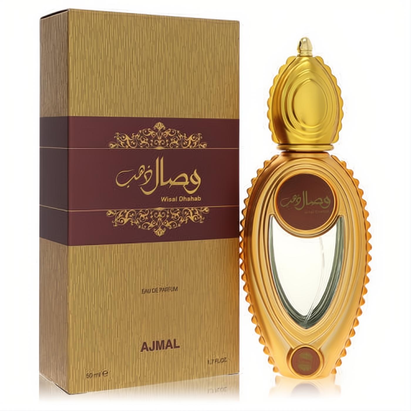 Exquisite Ajmal Wisal Dhahab 1.7 oz EDP in an ornate gold bottle with clear window, next to its textured gold and maroon box.