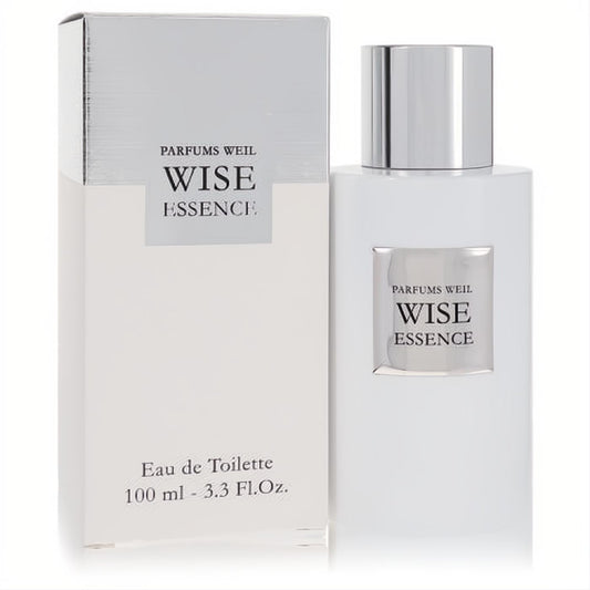 Sophisticated Wise Essence by Weil 3.3 oz men's EDT spray. Modern white bottle, sleek silver cap, and matching box.