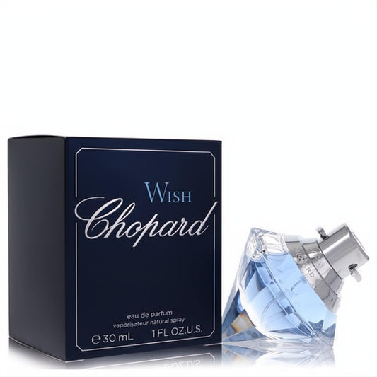 Wish by Chopard 1 oz women's Eau de Parfum spray. Features a sparkling light blue diamond-shaped bottle and chic dark blue box.