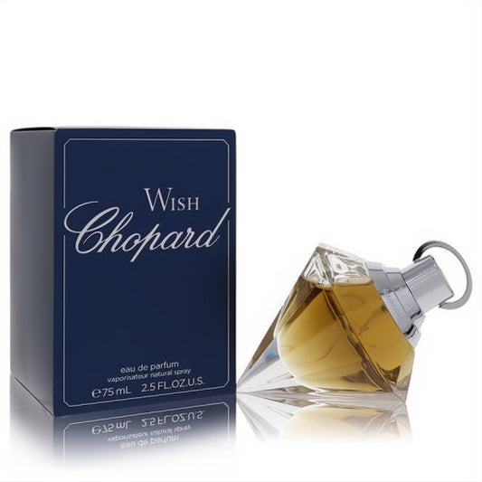 Chopard Wish 2.5 oz Eau De Parfum with its iconic diamond-cut glass bottle and elegant dark blue packaging.
